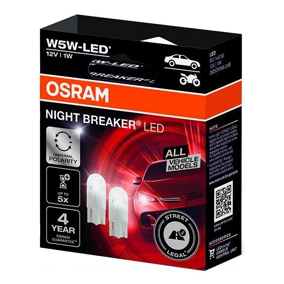 SET 2x LED Autolamp NIGHT BREAKER W2.1x9.5d/1W/12V 5700K - Osram