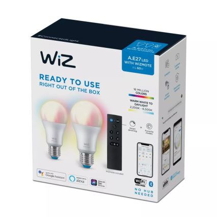 SET 2x LED RGBW dimbare lamp A60 E27/8,5W/230V 2200-6500K Wi-Fi + afstandsbediening - WiZ