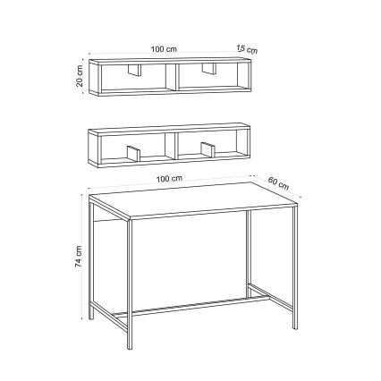 SET 2x Wandplank PENNY 20x100 cm + bureau 74x100 cm bruin/zwart