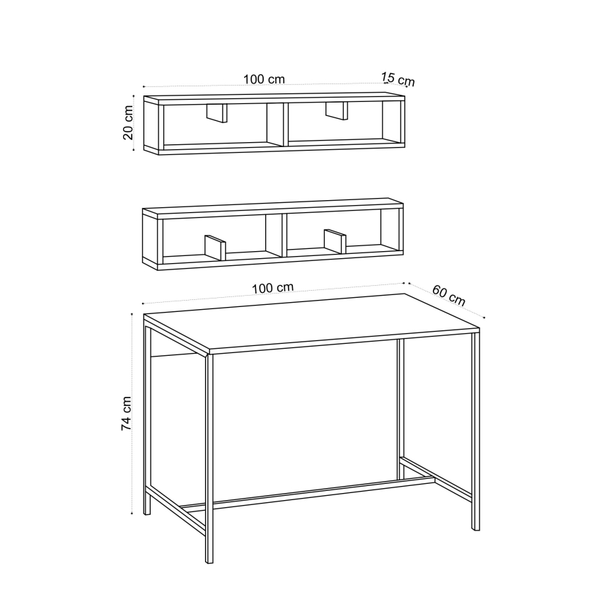 SET 2x Wandplank PENNY 20x100 cm + bureau 74x100 cm bruin/zwart
