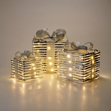 SET 3x LED kerstdecoraties 20xLED/2xAA + 30xLED/3xAA + 40xLED/3xAA warm wit cadeaus/zilver