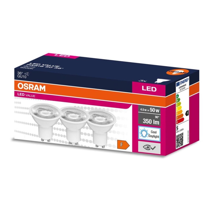 SET 3x LED Lamp PAR16 GU10/4,5W/230V 6500K 36° - Osram