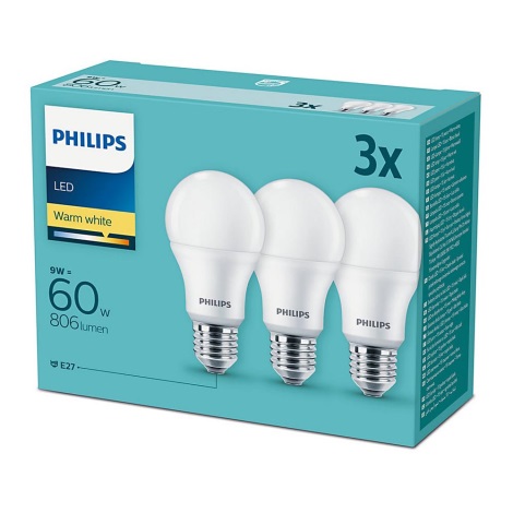 SET 3x LED Lamp Philips E27/9W/230V 2700K