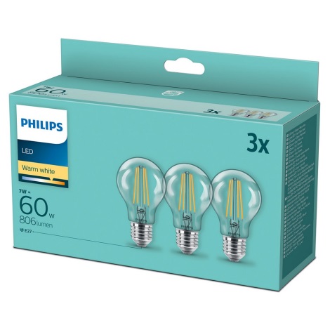 SET 3x LED Philips A60 E27/7W/230V 2700K | Lumimania