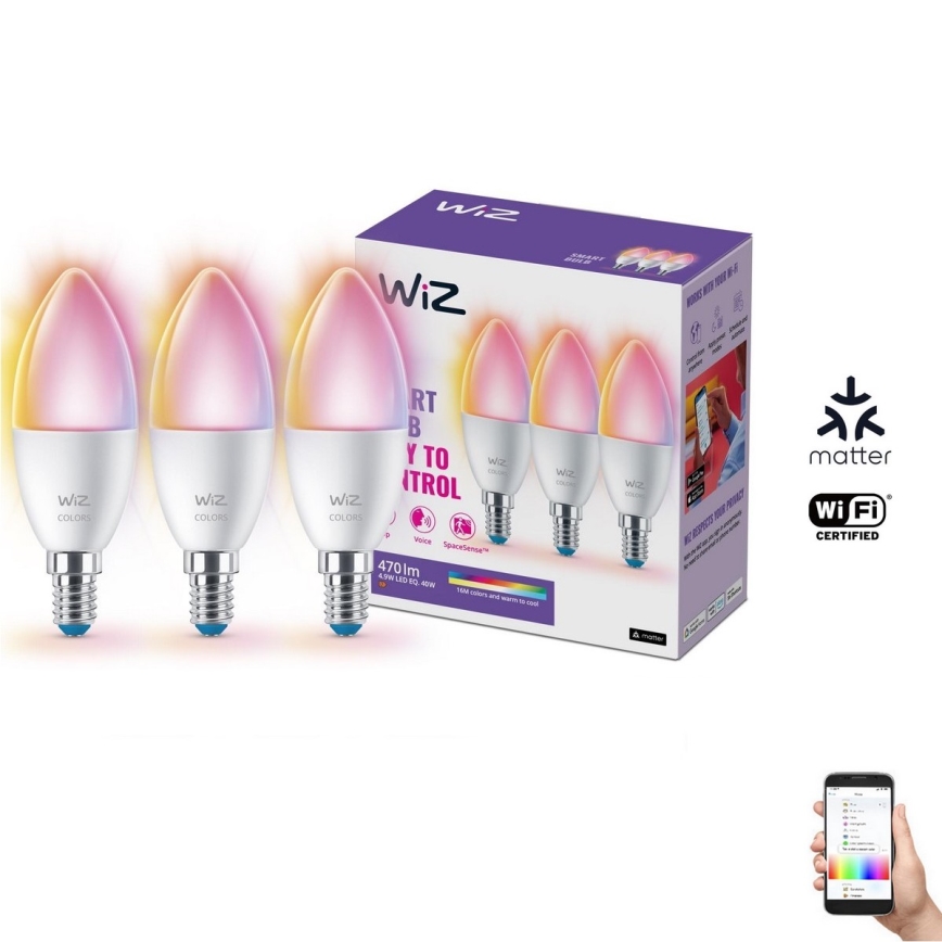 SET 3x LED RGBW Dimbare lamp C37 E14/4,9W/230V 2200-6500K CRI 90 Wi-Fi - WiZ