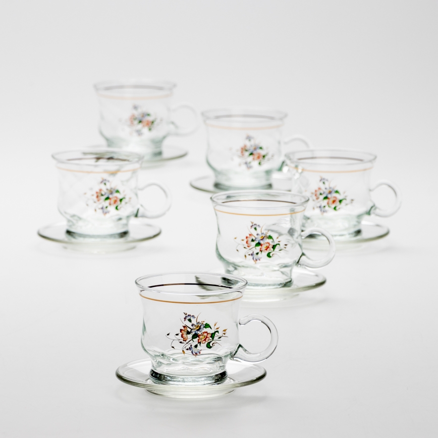 Set 6x glazen kop met schotel doorzichtig boeket nr. 2