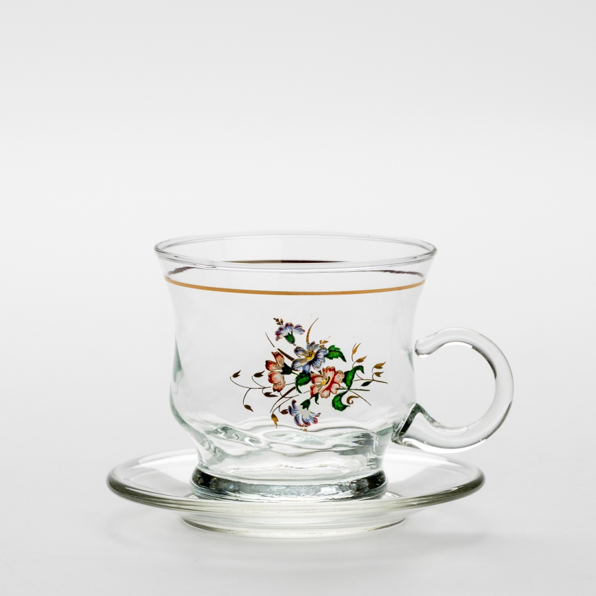 Set 6x glazen kop met schotel doorzichtig boeket nr. 2