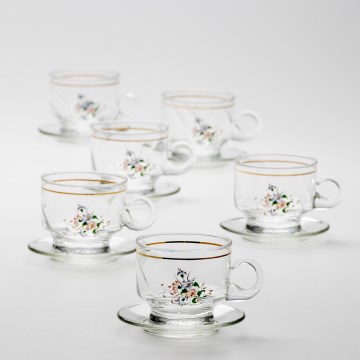 Set 6x glazen kop met schotel doorzichtig boeket nr. 8