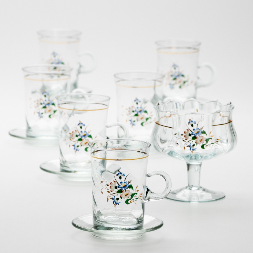 Set 6x glazen kop met schotel en 1x suiker kom doorzichtig boeket nr. 3
