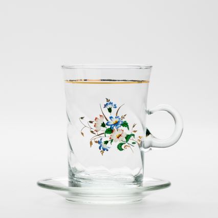 Set 6x glazen kop met schotel en 1x suiker kom doorzichtig boeket nr. 3