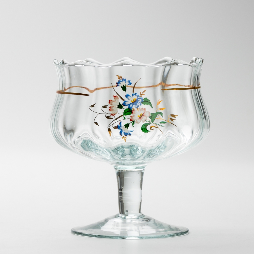 Set 6x glazen kop met schotel en 1x suiker kom doorzichtig boeket nr. 3