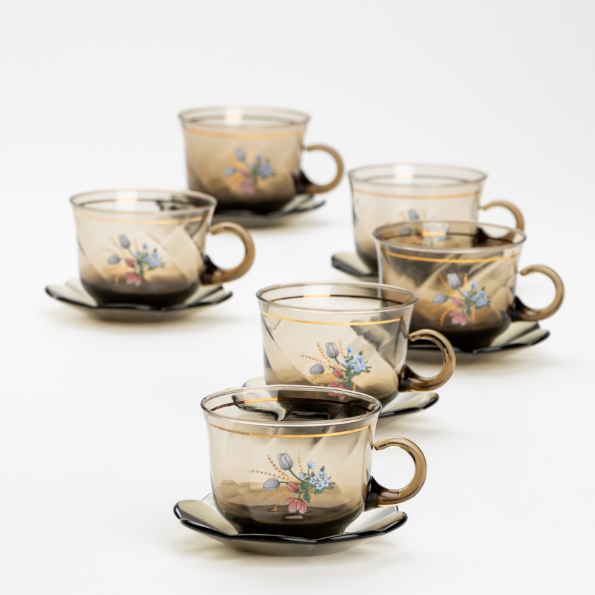 Set 6x glazen kop met schotel gerookt boeket nr. 2