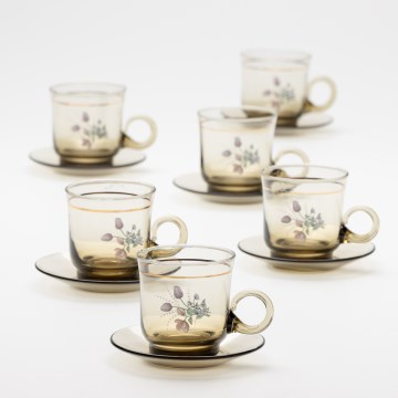 Set 6x glazen kop met schotel gerookt boeket Nr. 4