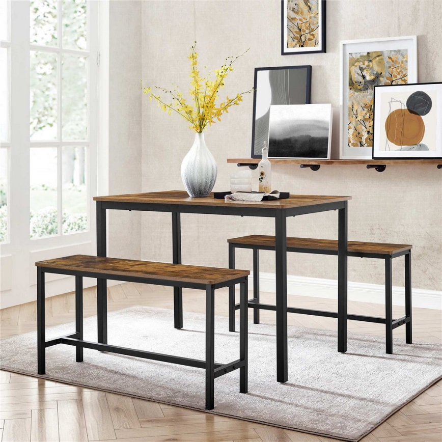 SET Bartafel 110x70 cm + 2x bankjes 97x30 cm TREVOR bruin/zwart