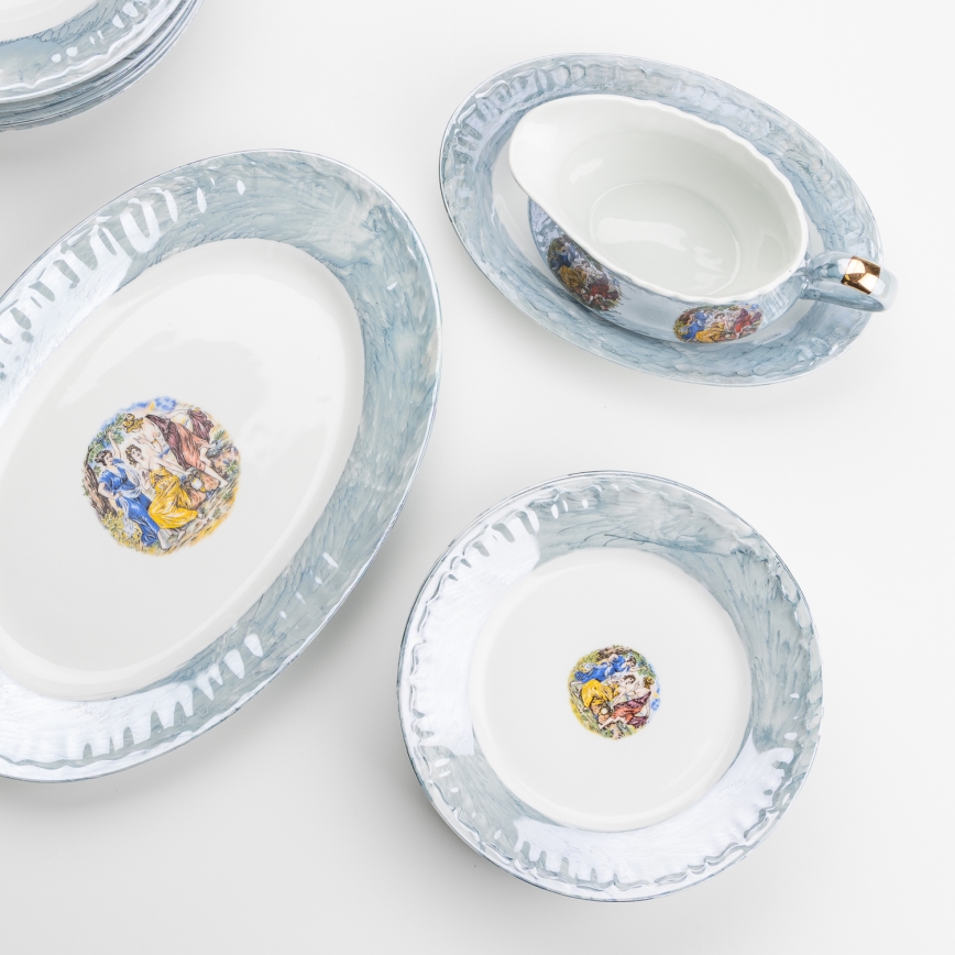 Set de salle à manger en porcelaine 26 pièces bleu avec une finition perlée