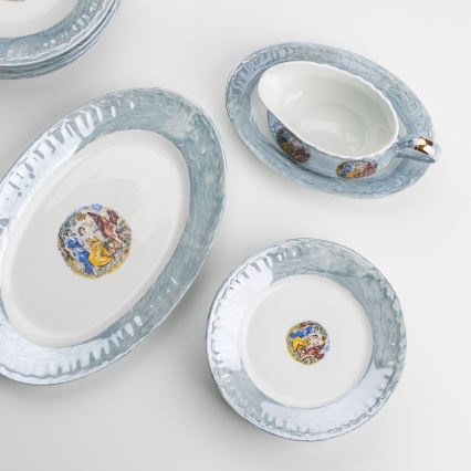 Set de salle à manger en porcelaine 26 pièces bleu avec une finition perlée