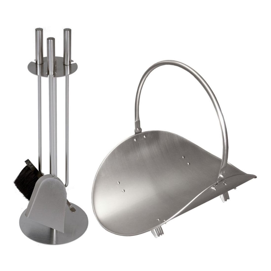 Set haardgereedschap en mand voor hout met handvat 5 st. mat chroom