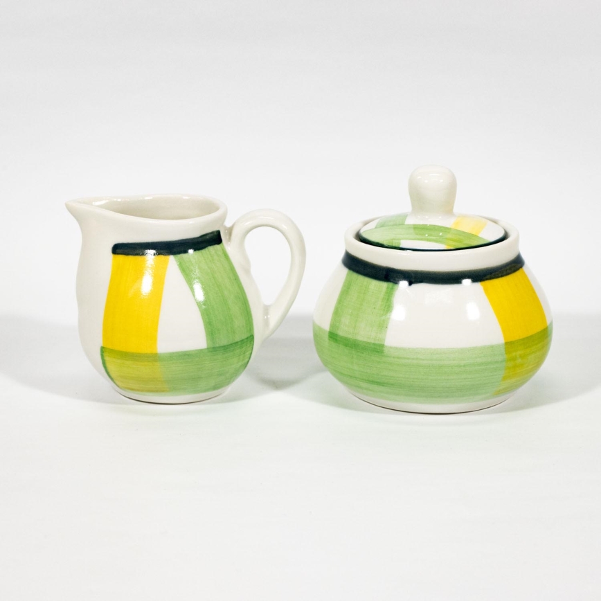 Set Lucie 1x keramiek suikerpot met deksel en 1x keramiek melkkan groen geel