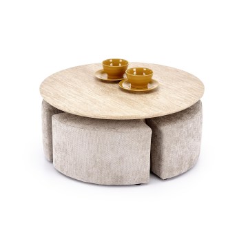 SET Salontafel NUGAT Ø 80 cm + 4x poef travertijn/grijs