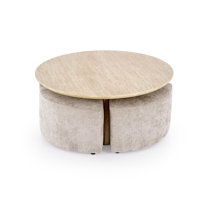 SET Salontafel NUGAT Ø 80 cm + 4x poef travertijn/grijs