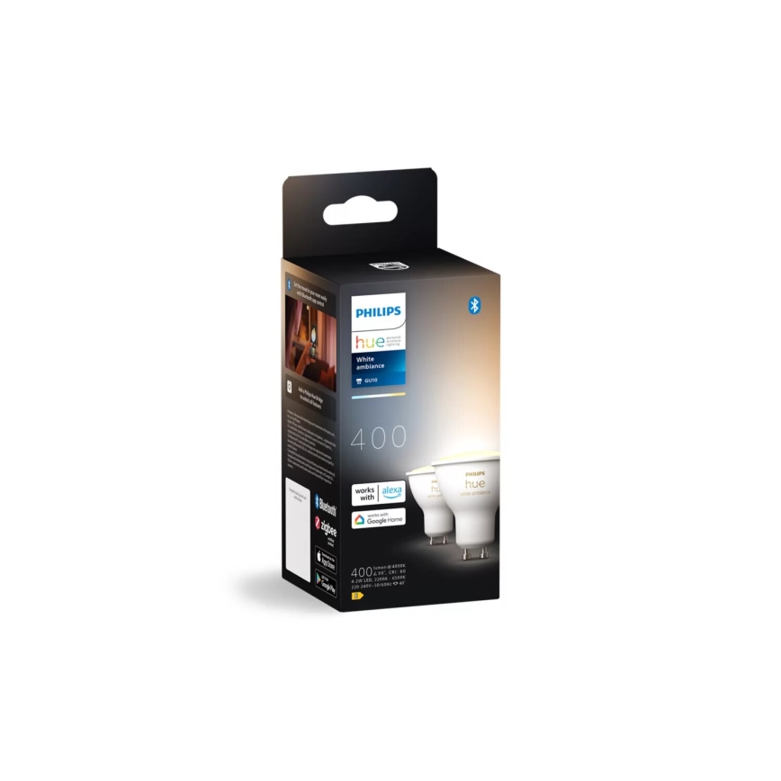 Set van 2 dimbare Philips Hue WHITE AMBIANCE GU10/4,2W/230V 2200-6500K LED-spots + dimmer-schakelaar