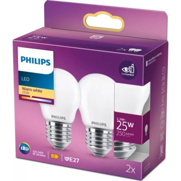 Set van 2 Philips P45 LED-lampen, E27, 2,2W/230V, 2700K