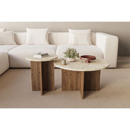 Set van 2 salontafels PURO Ø 40/70 cm notenhout/travertijn