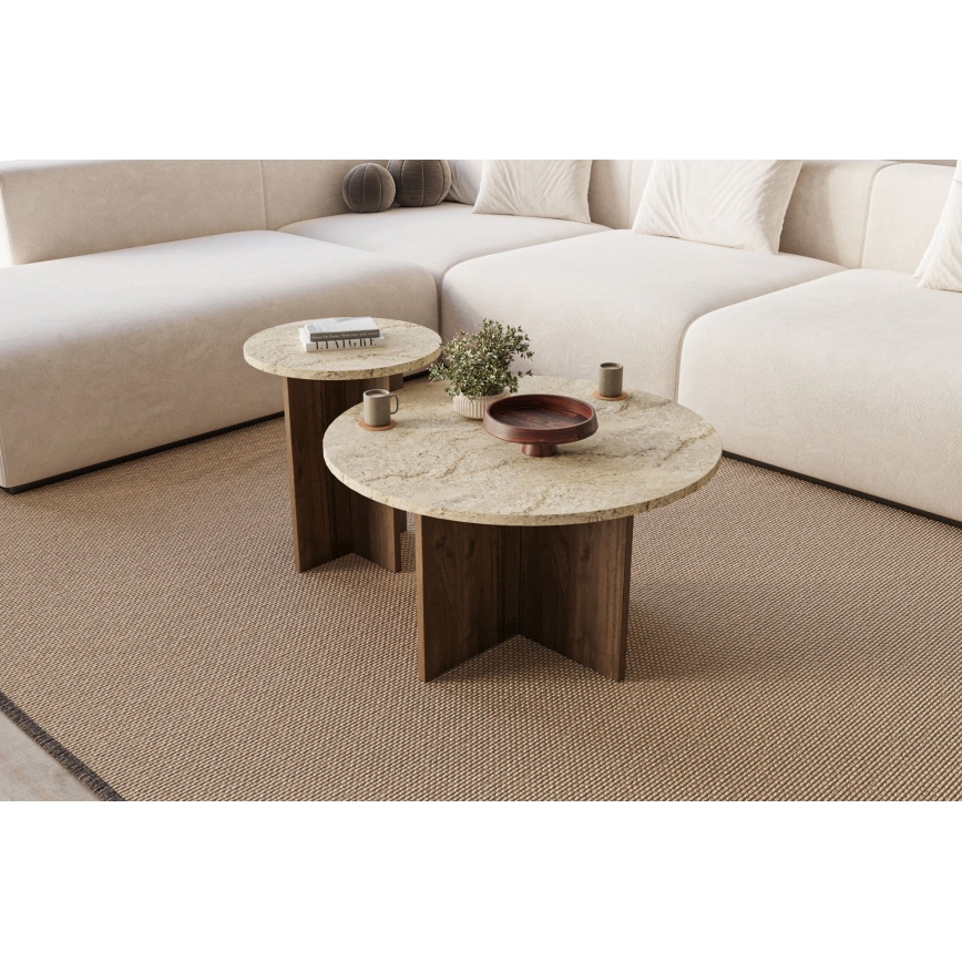 Set van 2 salontafels PURO, Ø 40/70 cm, walnoot/beige
