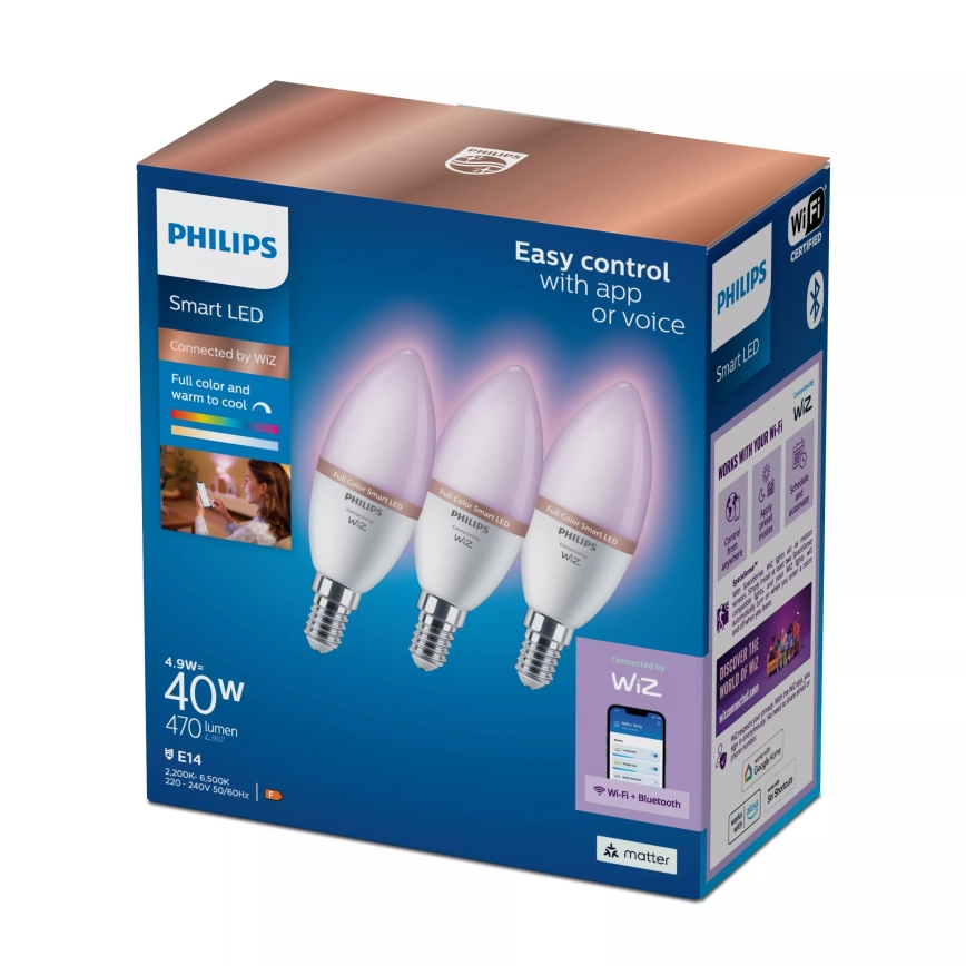 SET 3x dimbare LED-RGB-lampen Philips SMART C37 E14/4,9W/230V 2200-6500K CRI 90