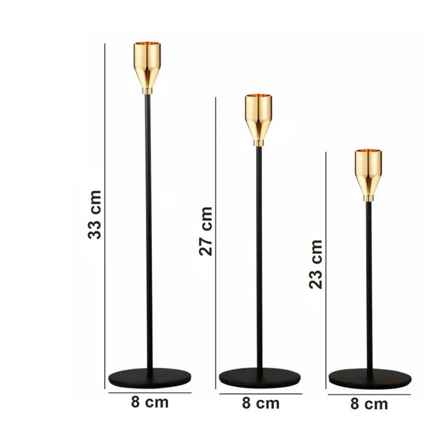 Set van 3 kandelaars, zwart/goud
