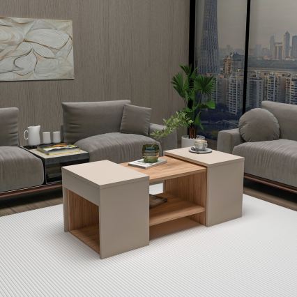 Set van 3 salontafels SOLIS 45/45/100 x 30/30/40 cm beige/sparrenhout