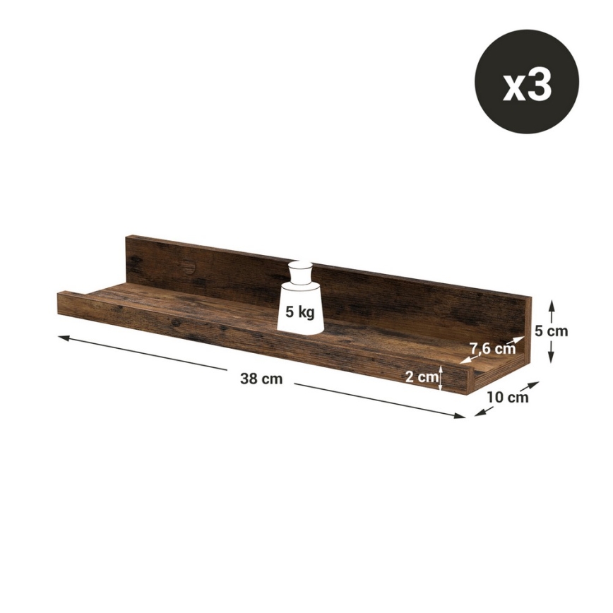 Set van 3 wandplanken SHELFY 38 x 5 x 10 cm, bruin