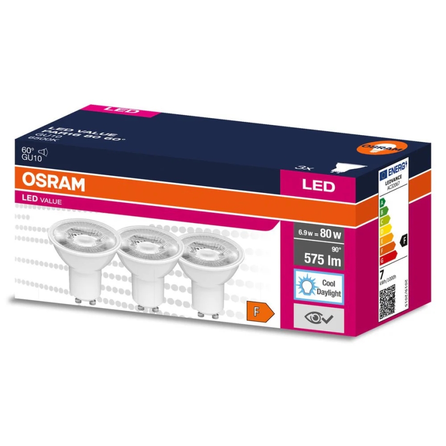 Set van 3x LED-reflectorlampen PAR16 GU10/6,9W/230V 6500K 60° - Osram