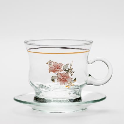 Set van 6 glazen kopjes met schoteltje, helder, boeket nr. 4