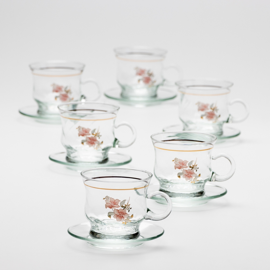 Set van 6 glazen kopjes met schoteltje, helder, boeket nr. 4