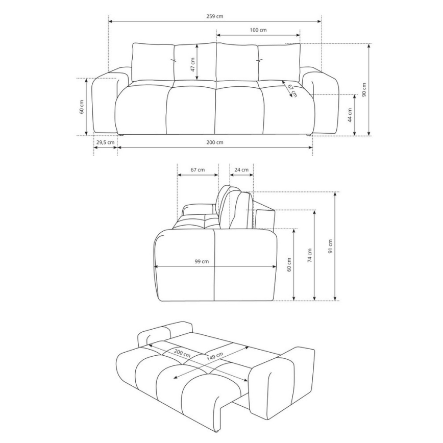Sofa trois places pliable et rembourré avec un espace de stockage ALMADA beige