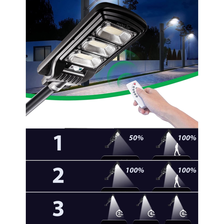 LED Dimbare zonne-straatlantaarn met sensor LED/180W/6V 6500K IP65 zwart + afstandsbediening