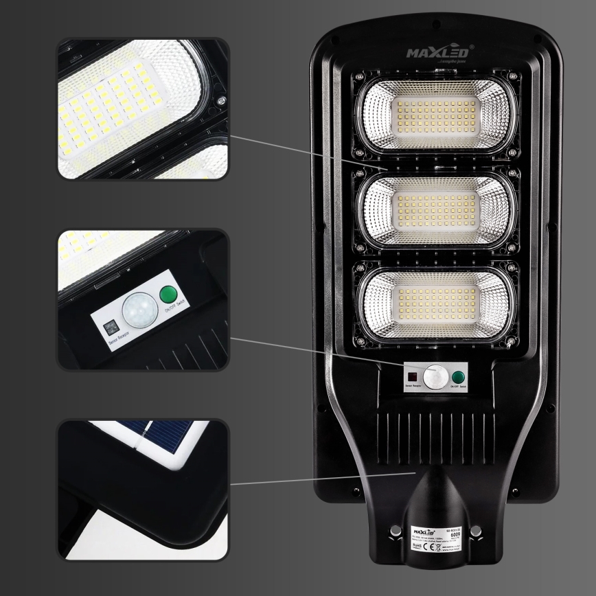 LED Dimbare zonne-straatlantaarn met sensor LED/180W/6V 6500K IP65 zwart + afstandsbediening