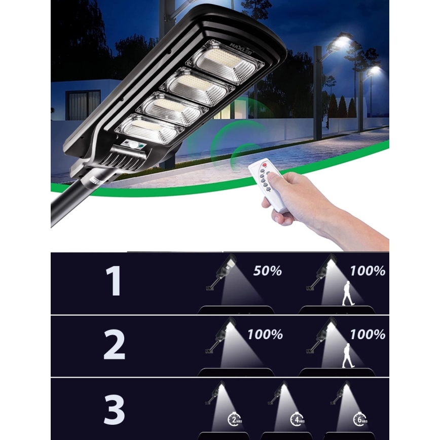LED Dimbare zonne-straatlantaarn met sensor LED/240W/6V 6500K IP65 zwart + afstandsbediening