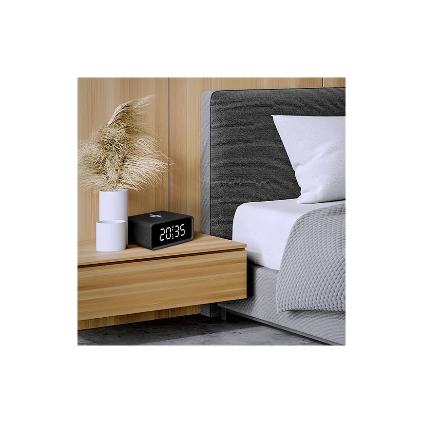 Digitale klok met Qi draadloze oplader 230V/CR2032 zwart