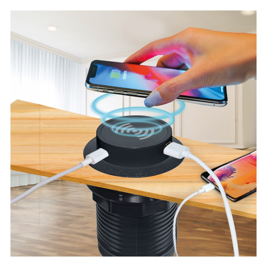 Ingebouwde draadloze oplader + USB A+C zwart