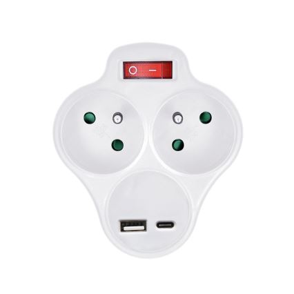 Verdeelstekker met een USB A+C charger en schakelaar 2x10A wit