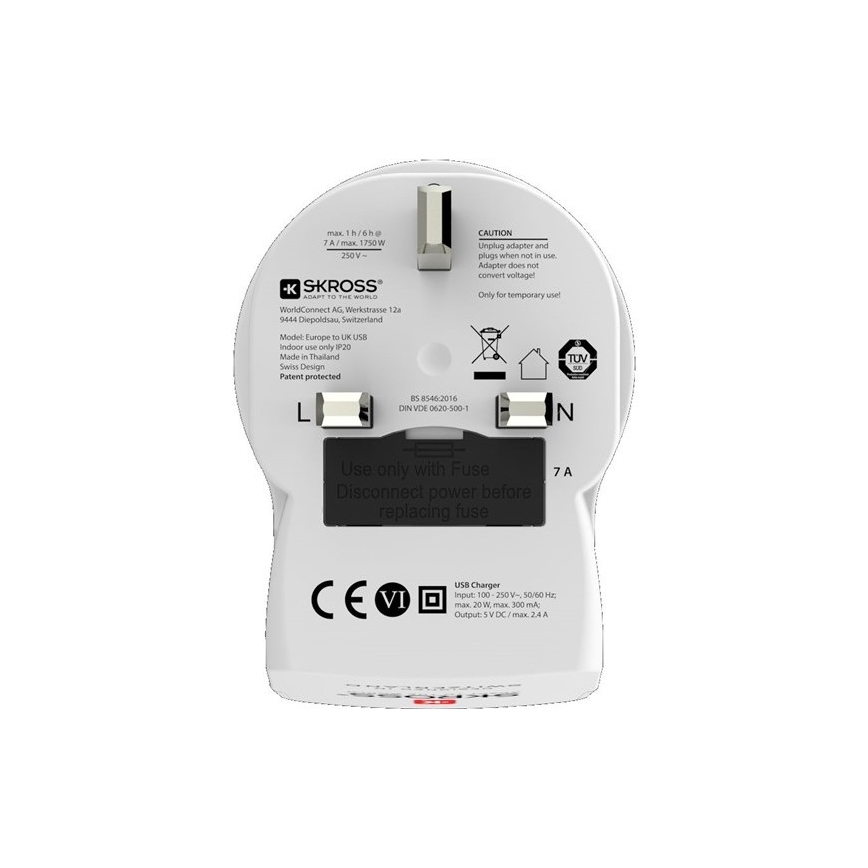 Adaptateur de voyage pour le Royaume-Uni 230V + 2x port USB