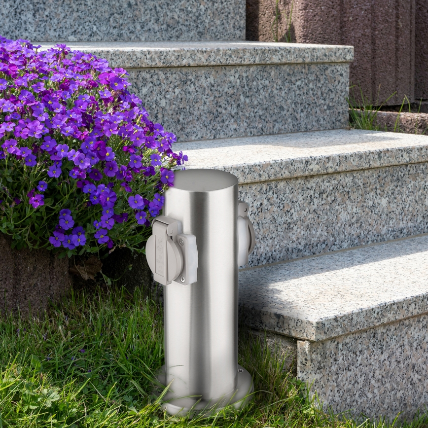 Buitenstopcontactpaal 2-voudig 230V IP44 mat chroom rond