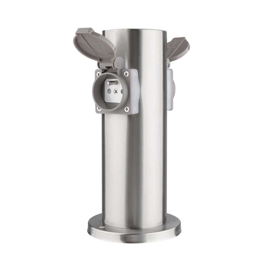 Buitenstopcontactpaal 2-voudig 230V IP44 mat chroom rond