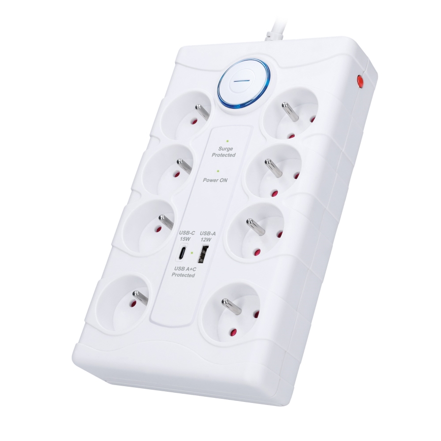 Multiprise 8 prises Type E avec interrupteur et protection contre les surtensions + 1x USB-A + 1x USB-C, 2 m, blanche