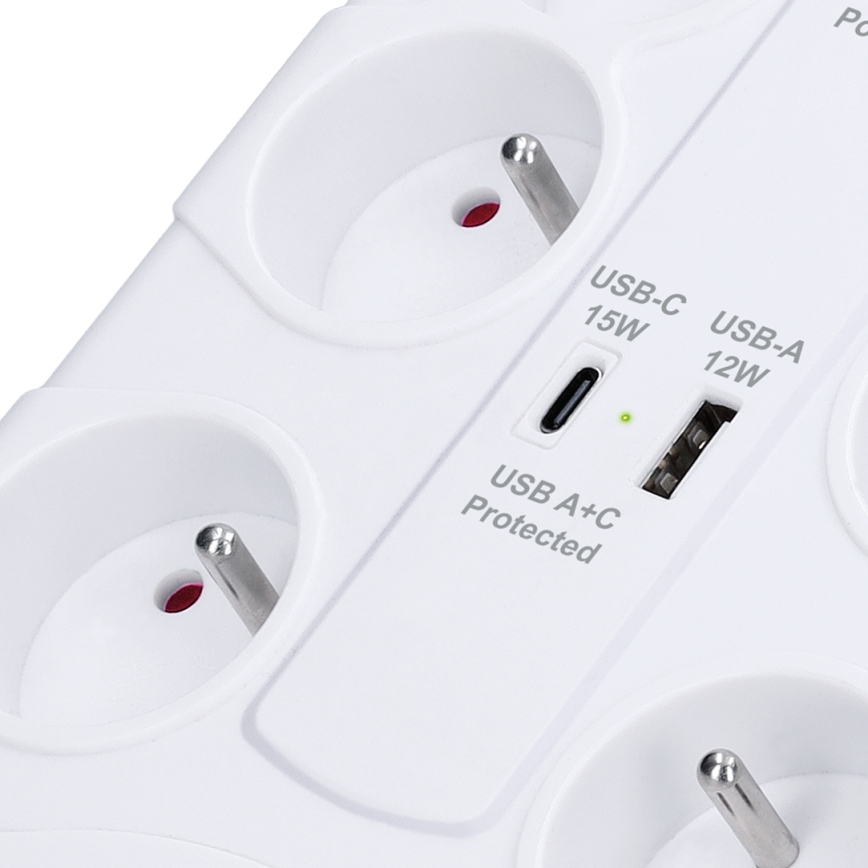 Verlengsnoer met schakelaar en overspanningsbeveiliging 8Z Type E + 1x USB-A + 1x USB-C 2 m wit