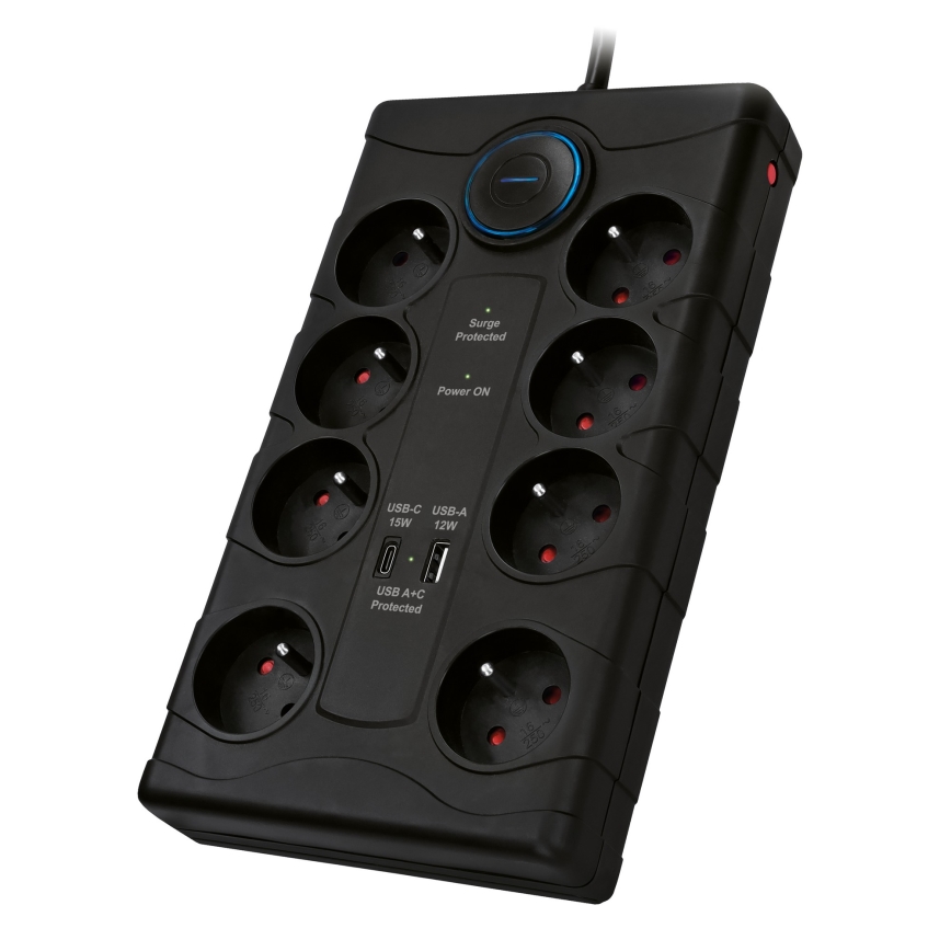 Rallonge avec interrupteur et protection contre les surtensions 8Z Type E + 1xUSB-A + 1xUSB-C 2m noir