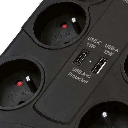 Rallonge avec interrupteur et protection contre les surtensions 8Z Type E + 1xUSB-A + 1xUSB-C 2m noir