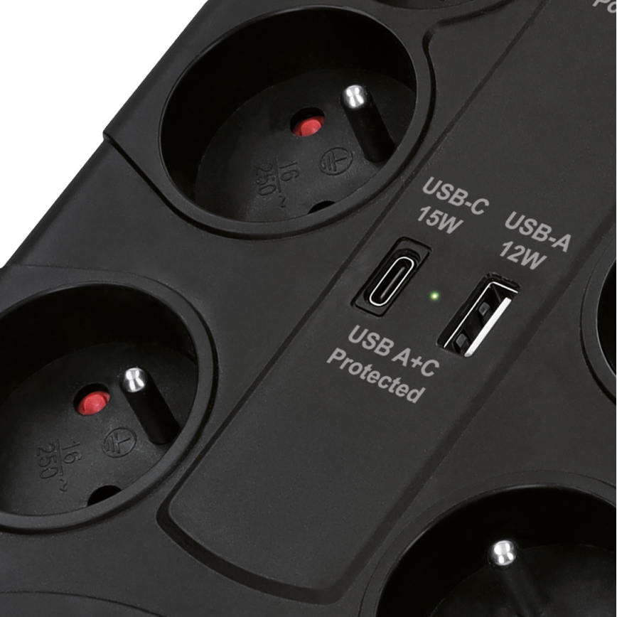Rallonge avec interrupteur et protection contre les surtensions 8Z Type E + 1xUSB-A + 1xUSB-C 2m noir